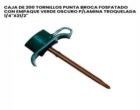 Caja De 200 Tornillos Punta Broca Fosfatado Con Empaque Verde Oscuro P/Lamina Troquelada 1/4\